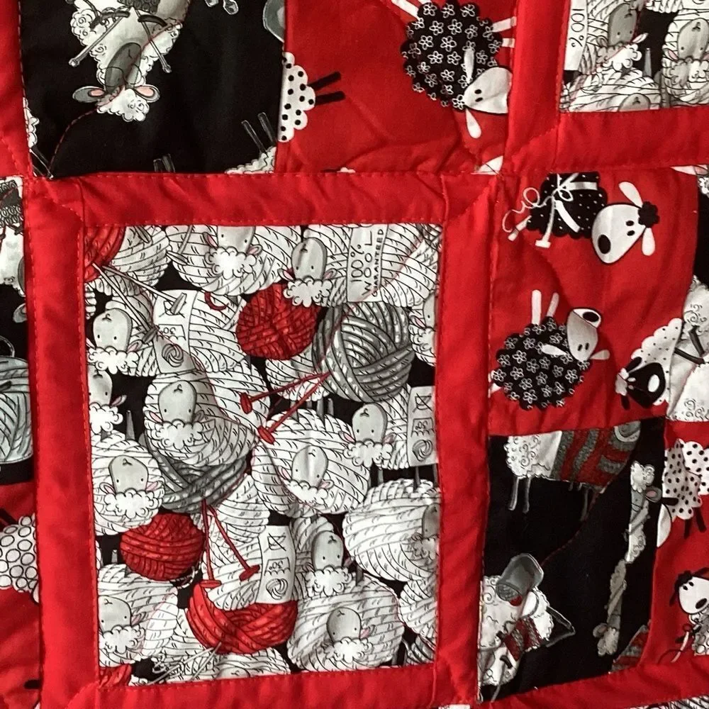 NWT. Black White and Red Sheep Lap Quilt Hand Crafted